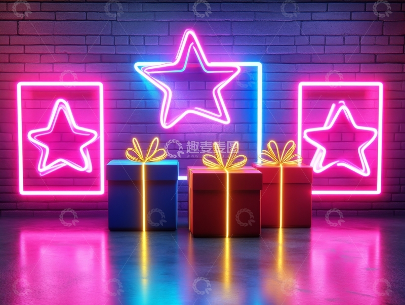 高清大图下载【趣麦麦图】霓虹灯下的礼物与星星装饰
