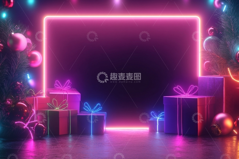 高清大图下载【趣麦麦图】霓虹灯框下的节日礼物场景