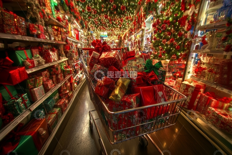 高清大图下载【趣麦麦图】节日购物车满载圣诞礼物