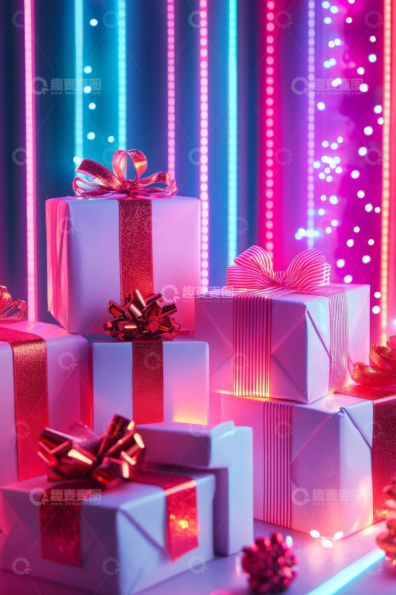 高清大图下载【趣麦麦图】霓虹灯下的精美礼物堆