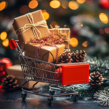 购物车中的圣诞礼物与松果