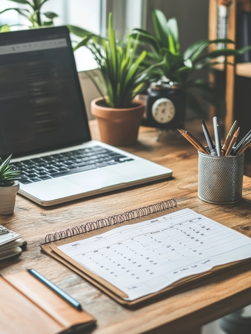 办公桌上的笔记本电脑与日程计划本