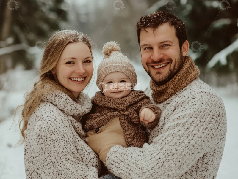高清大图下载【趣麦麦图】冬日雪景中的温馨家庭