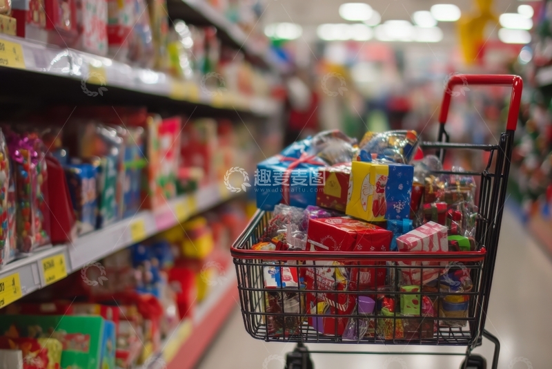 高清大图下载【趣麦麦图】购物车满载礼品，超市货架琳琅满目