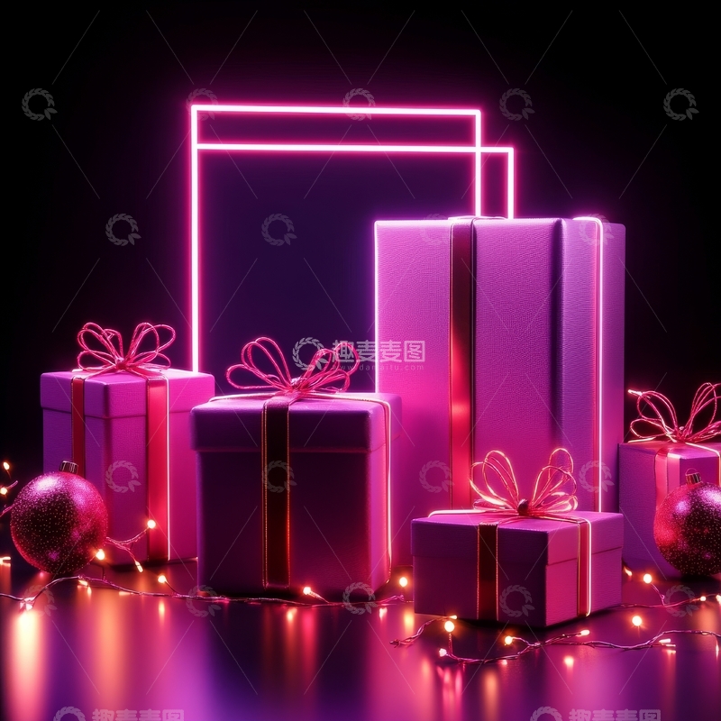 高清大图下载【趣麦麦图】霓虹灯下的紫色礼盒与节日装饰