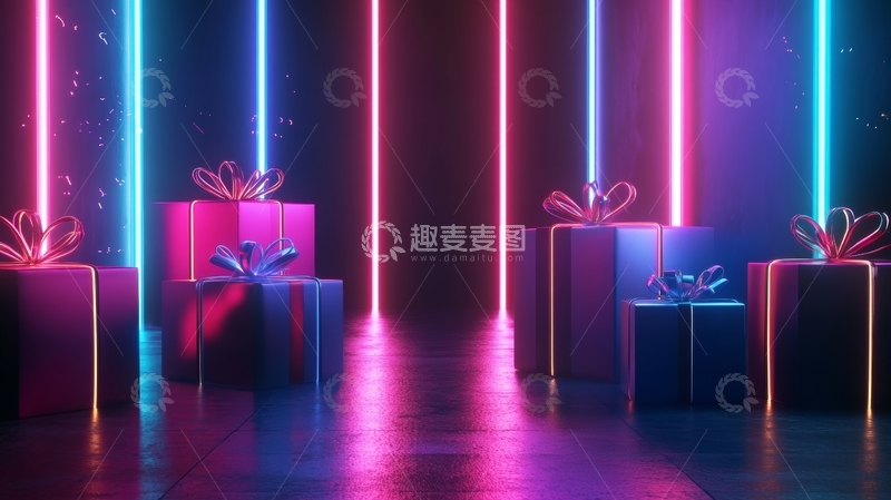 高清大图下载【趣麦麦图】霓虹灯下的礼物盒展示