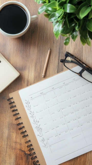 木质桌面上的计划本与咖啡杯