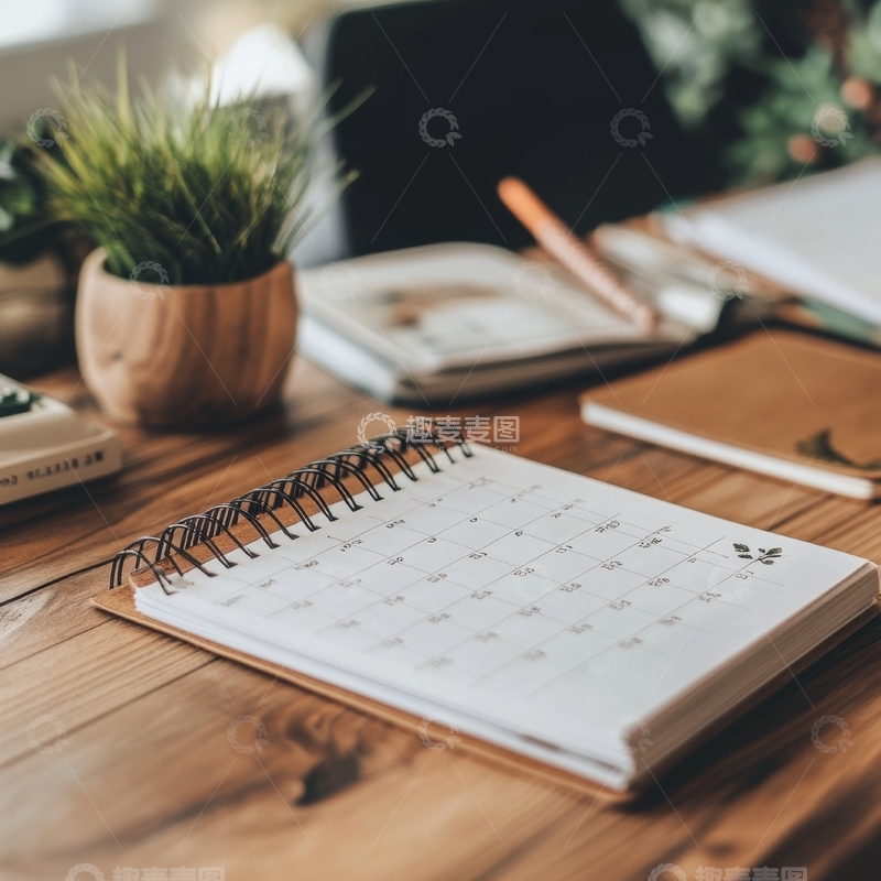 高清大图下载【趣麦麦图】木质桌面上的记事本与日历