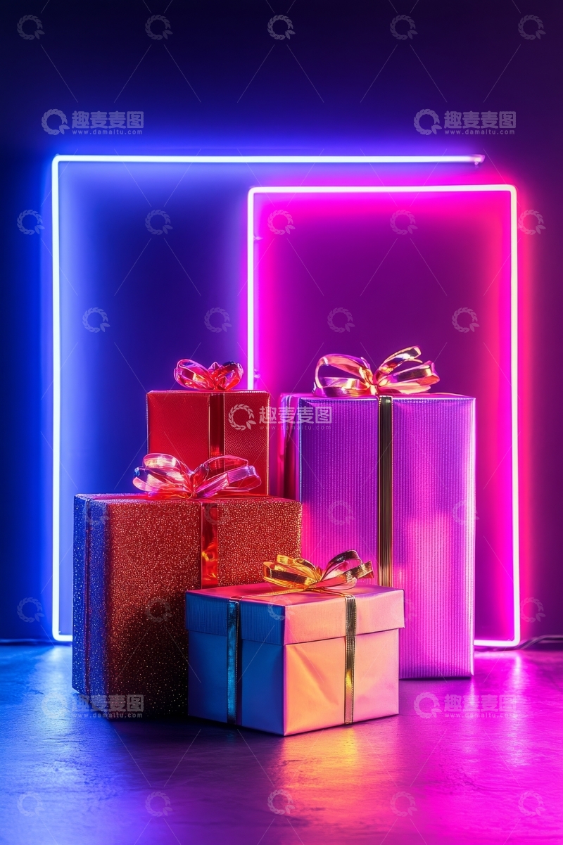 高清大图下载【趣麦麦图】霓虹灯下的节日礼物堆叠