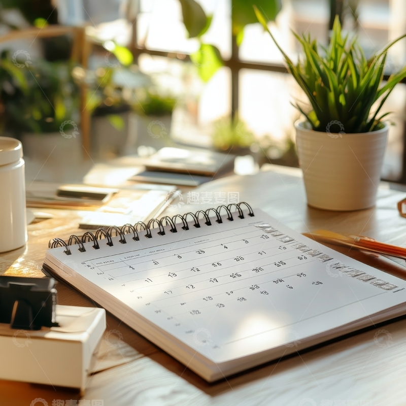 高清大图下载【趣麦麦图】阳光洒在桌上的日历与绿植
