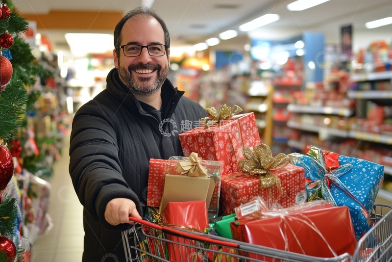 高清大图下载【趣麦麦图】男子推购物车满载圣诞礼物