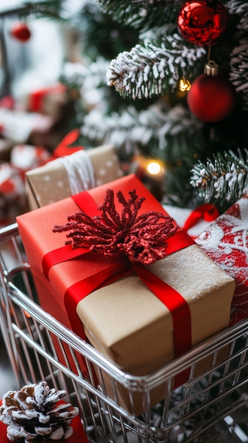 圣诞礼物与购物车的温馨场景