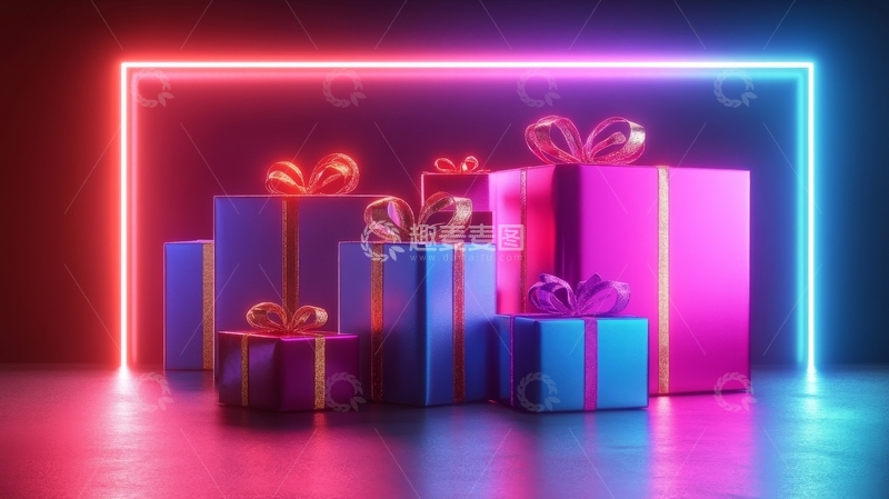 高清大图下载【趣麦麦图】霓虹灯下的多彩礼物盒