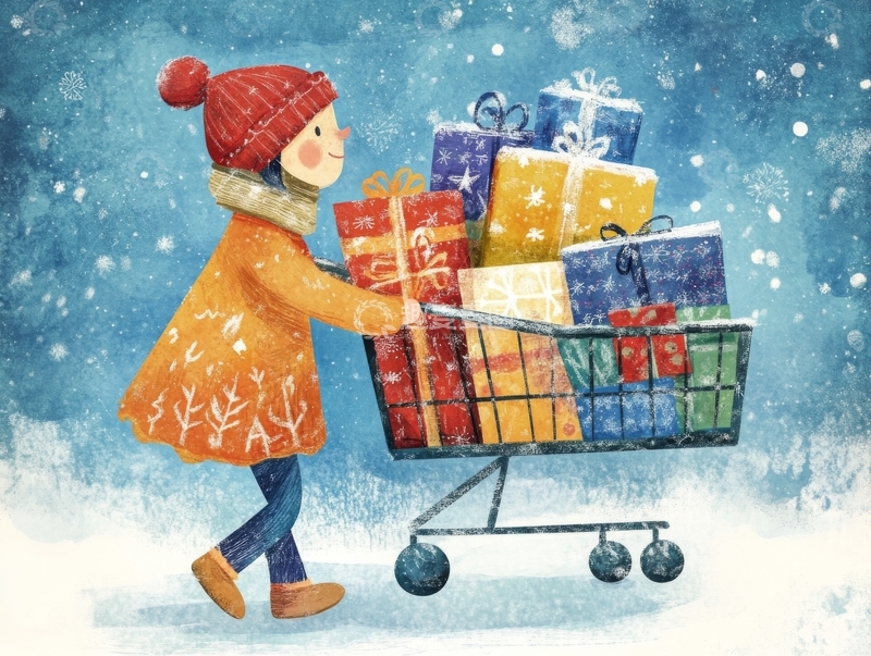 高清大图下载【趣麦麦图】雪中推购物车的女孩