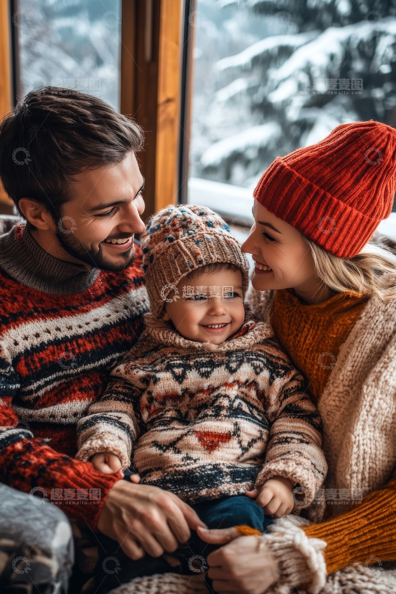 温馨家庭在雪景前共享美好时光