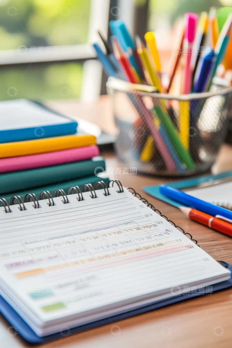 高清大图下载【趣麦麦图】书桌上的学习用品和笔记本