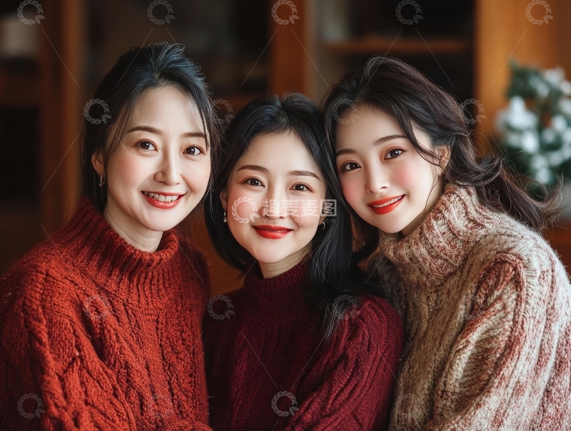 高清大图下载【趣麦麦图】三位女性亲密合影，温暖氛围