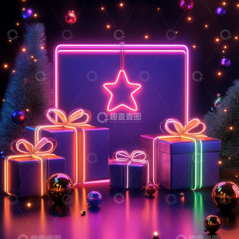 高清大图下载【趣麦麦图】霓虹灯下的圣诞礼物与装饰