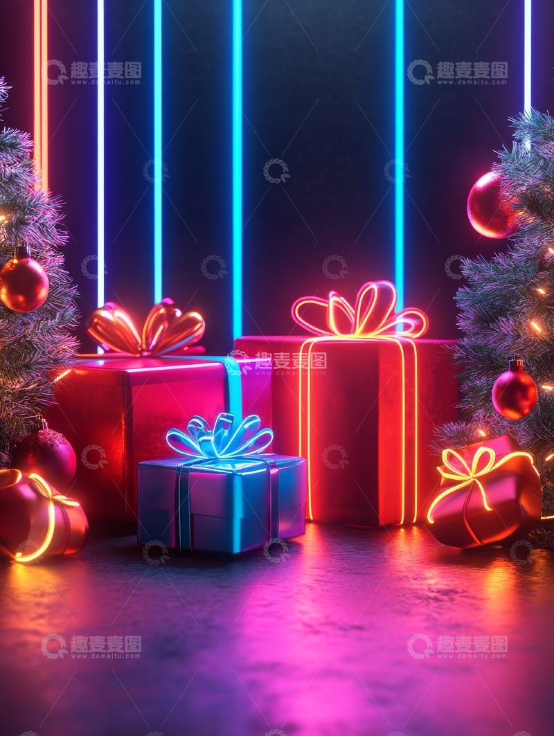 高清大图下载【趣麦麦图】霓虹灯下的圣诞礼物与装饰树