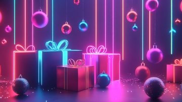 霓虹灯下的节日礼物与彩球