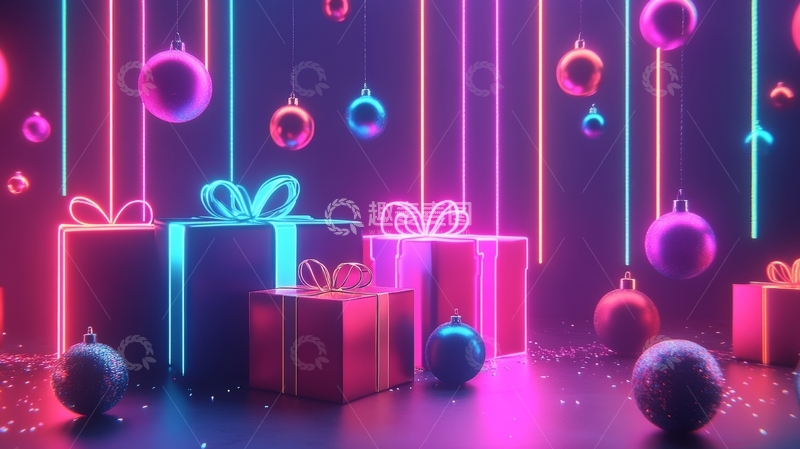 高清大图下载【趣麦麦图】-霓虹灯下的节日礼物与彩球