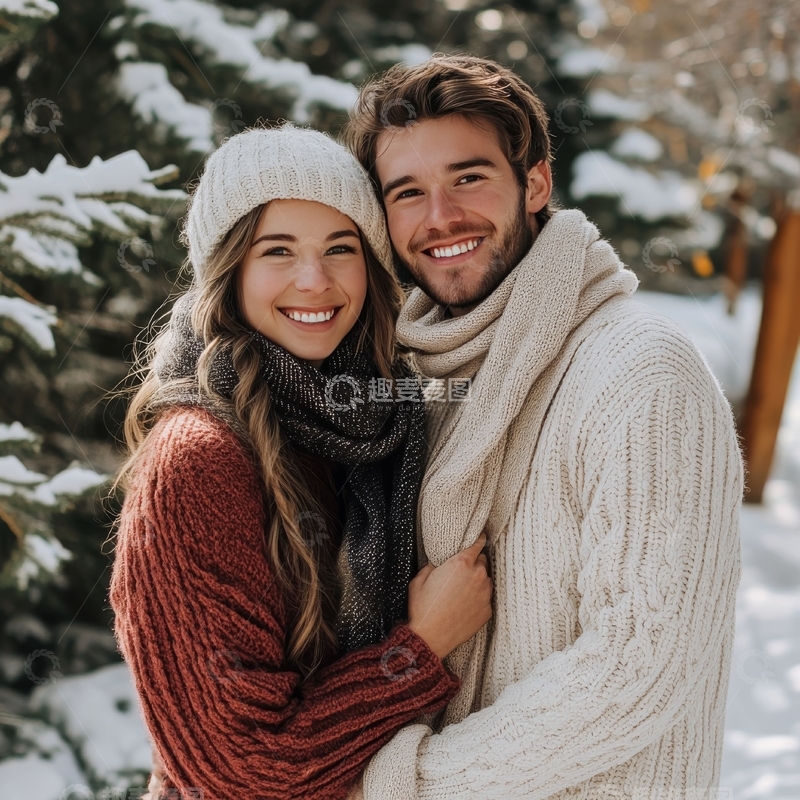高清大图下载【趣麦麦图】冬日雪景中的温馨情侣