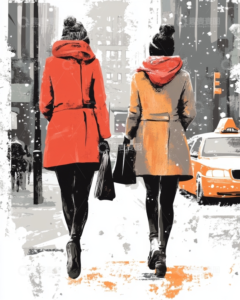 高清大图下载【趣麦麦图】冬日街头，两位女性并肩行走