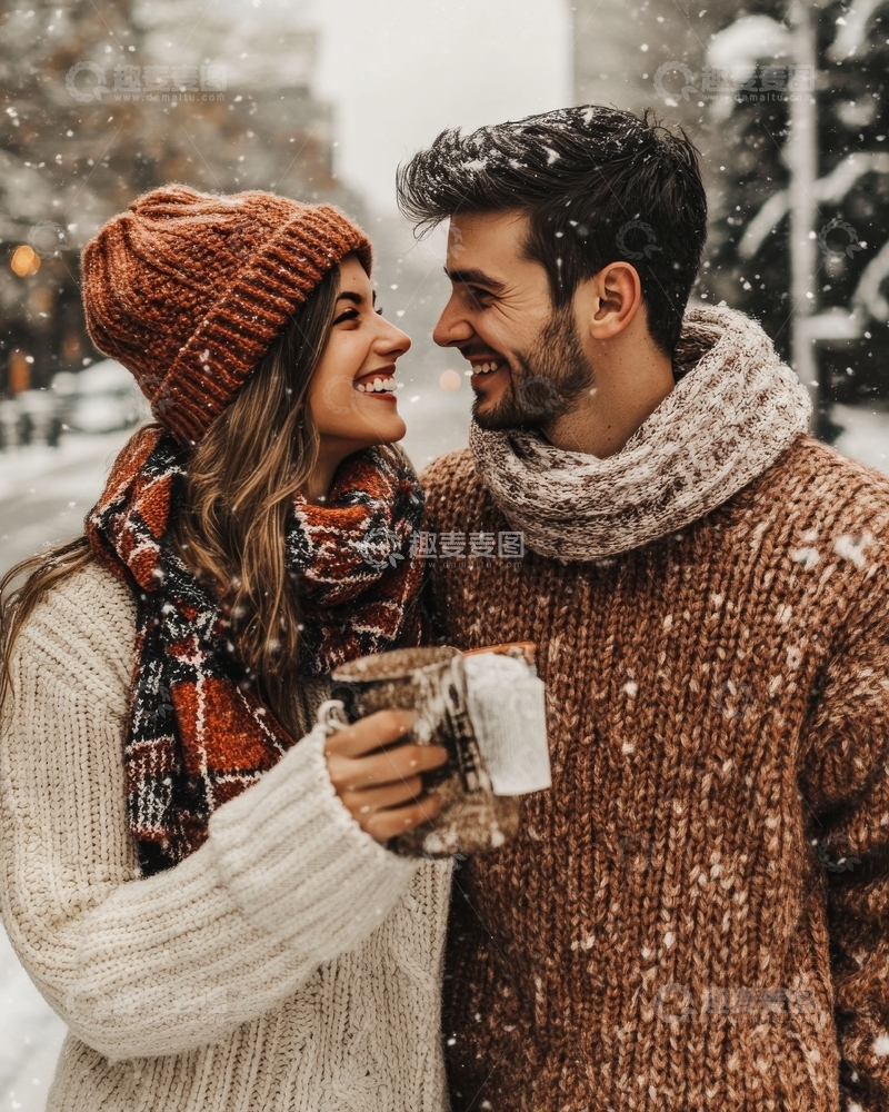 高清大图下载【趣麦麦图】冬日雪景中相拥的温馨情侣