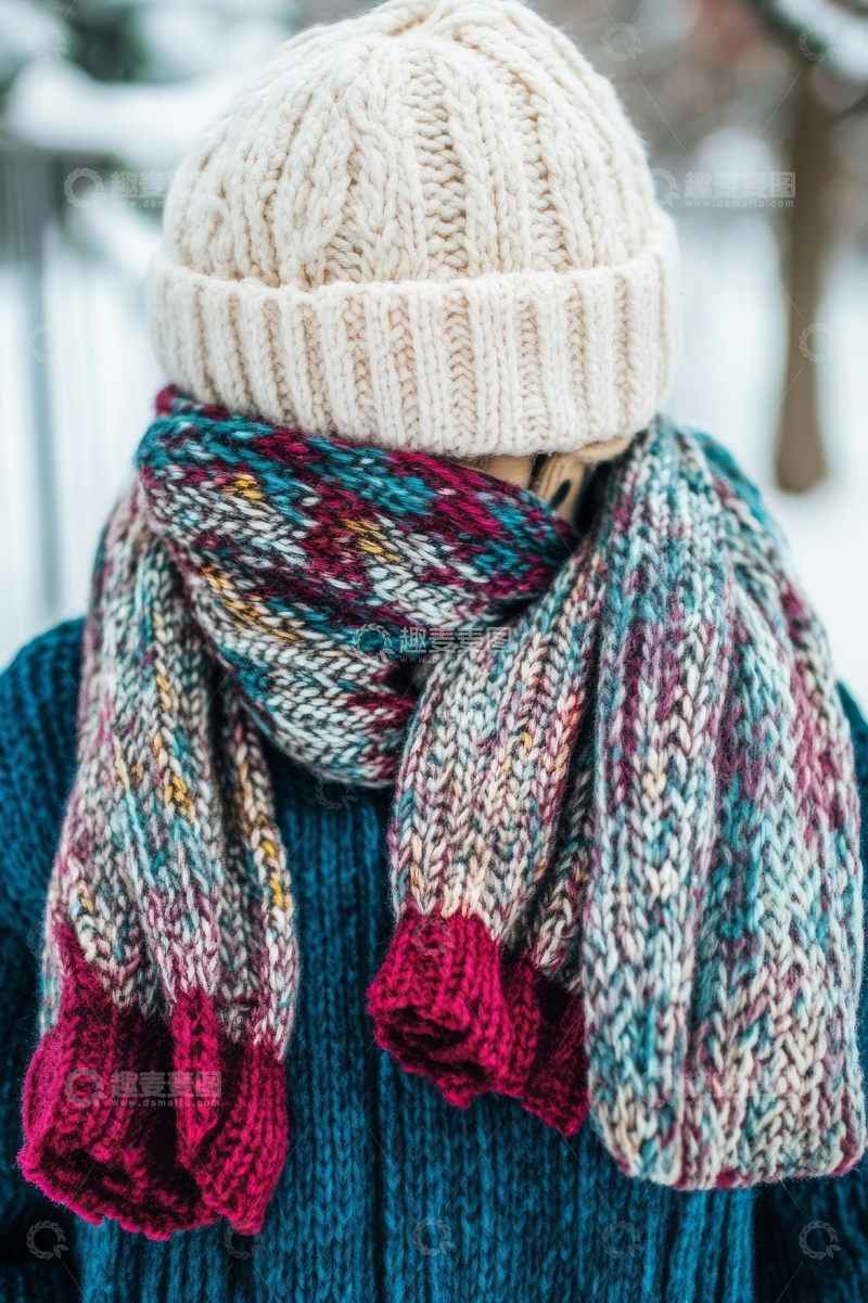 高清大图下载【趣麦麦图】冬日雪景中佩戴针织帽与围巾的人