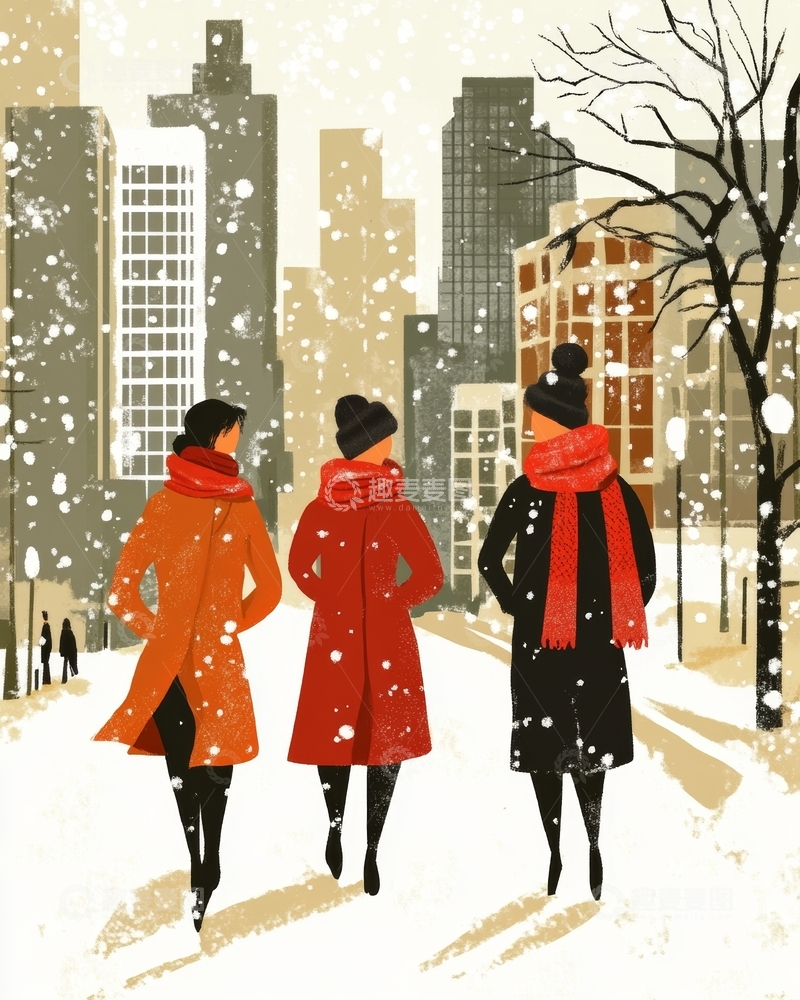 高清大图下载【趣麦麦图】冬日城市中行走的三位女性