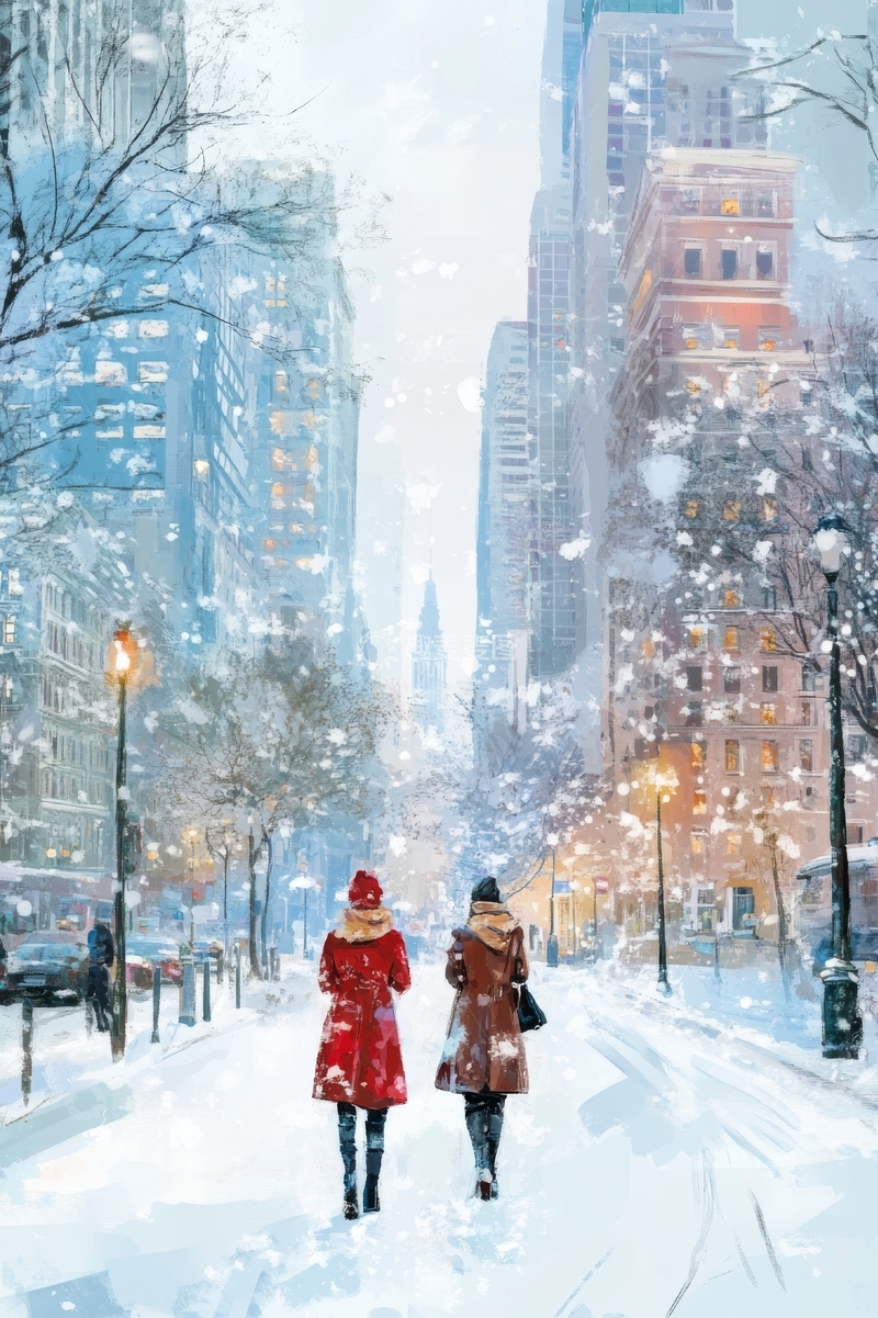 高清大图下载【趣麦麦图】雪中漫步的城市街景