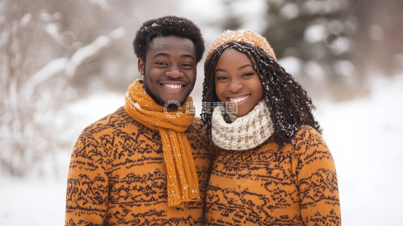 高清大图下载【趣麦麦图】冬日雪景中的微笑情侣