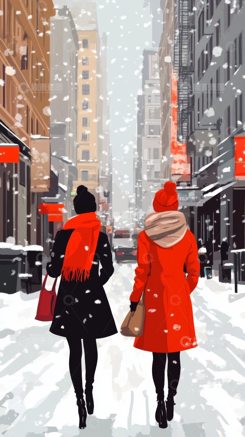 高清大图下载【趣麦麦图】冬日街头，两人漫步雪中