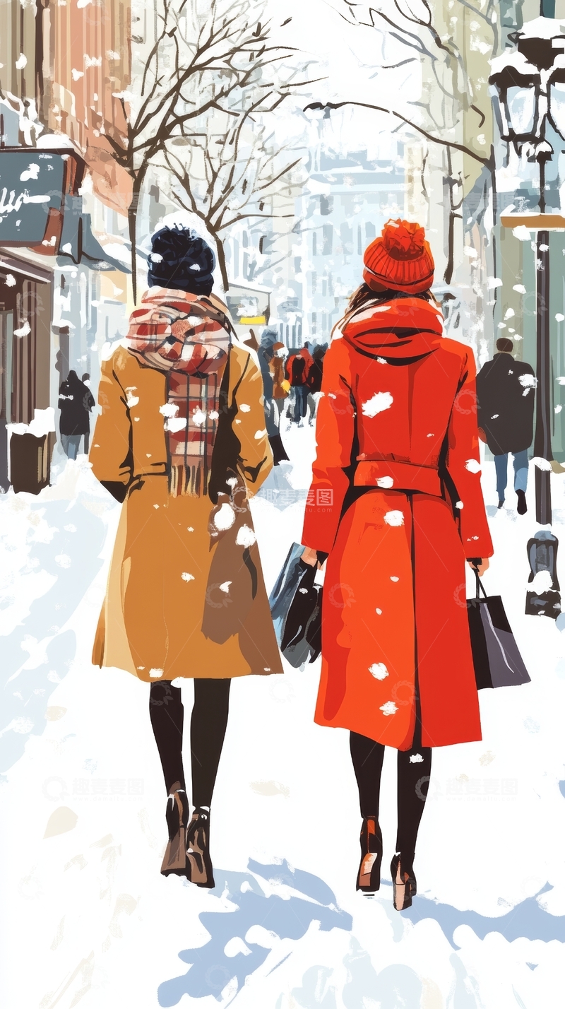 高清大图下载【趣麦麦图】冬日街头，两位女性漫步雪中