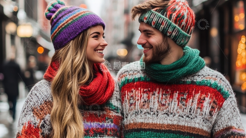 高清大图下载【趣麦麦图】冬日街头的温暖情侣