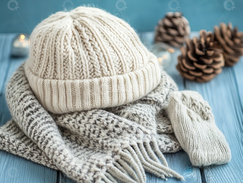 高清大图下载【趣麦麦图】冬季针织帽围巾手套与松果