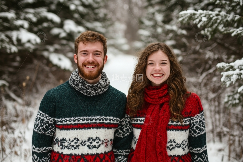 高清大图下载【趣麦麦图】雪地中的情侣微笑