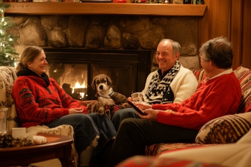 家人围坐壁炉旁温馨交谈