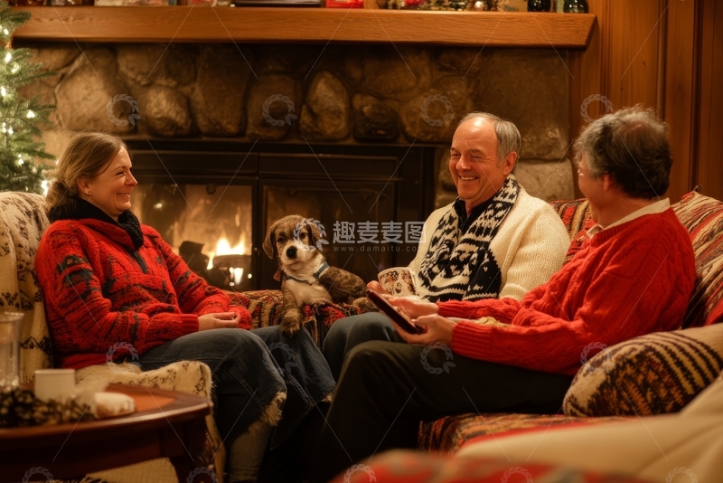 高清大图下载【趣麦麦图】家人围坐壁炉旁温馨交谈