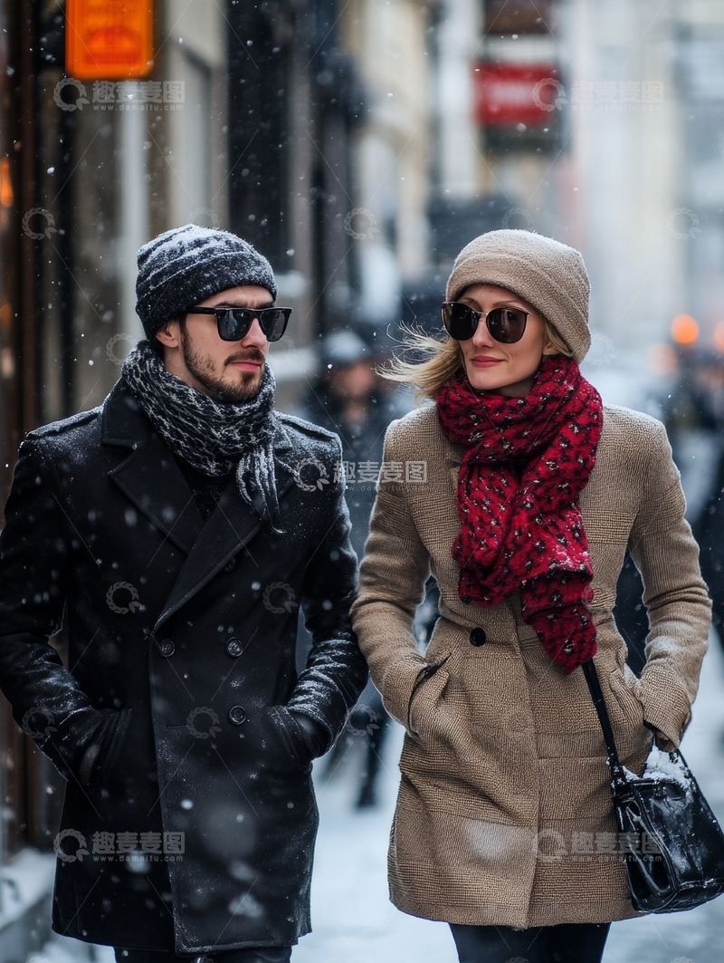 高清大图下载【趣麦麦图】冬日街头，情侣共赏雪景