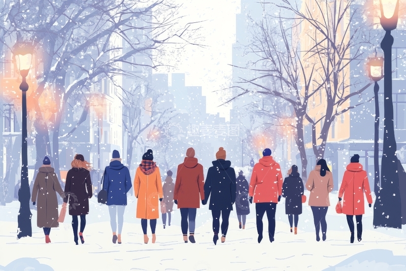 高清大图下载【趣麦麦图】冬日街头行人漫步