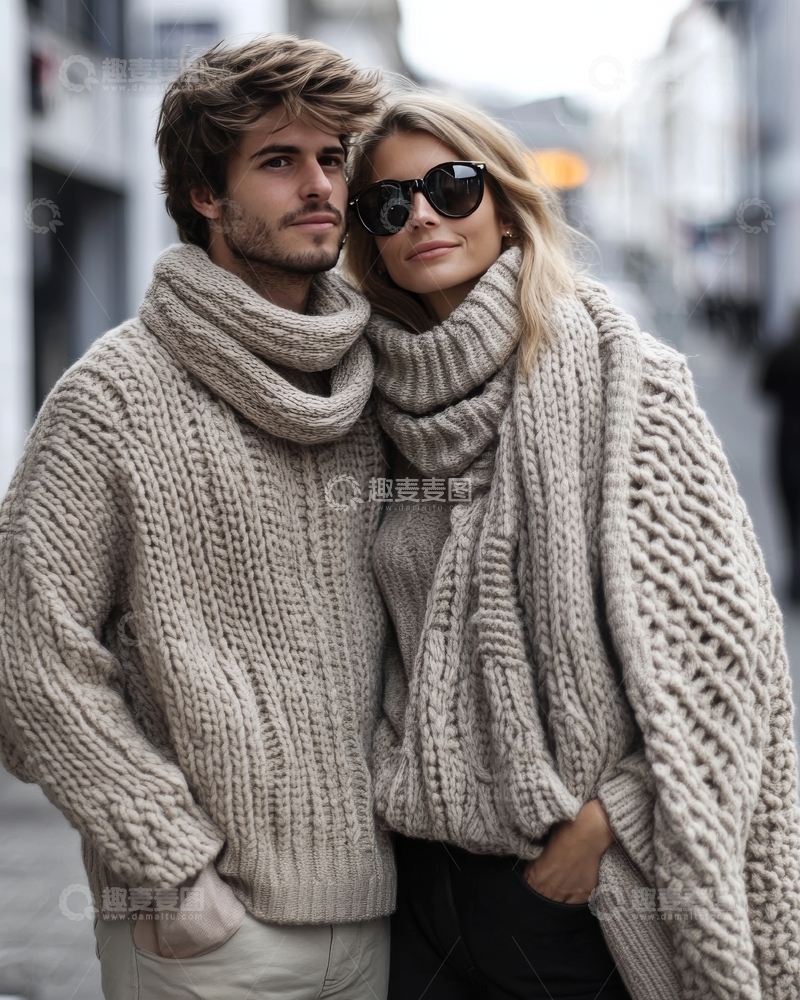 高清大图下载【趣麦麦图】情侣穿着厚实毛衣在街头亲密相依