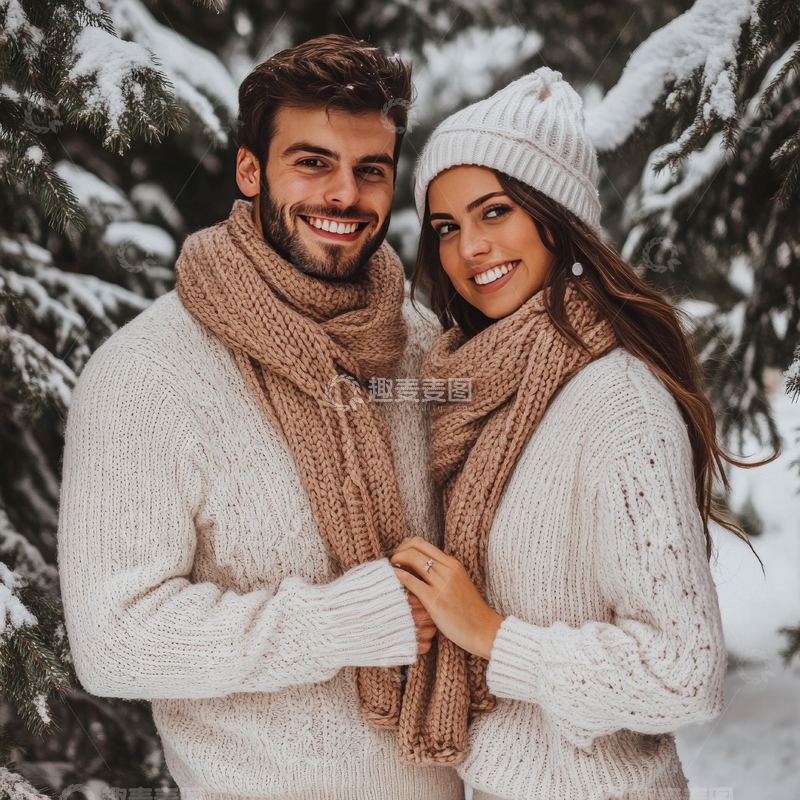 高清大图下载【趣麦麦图】冬日雪景中的温馨情侣