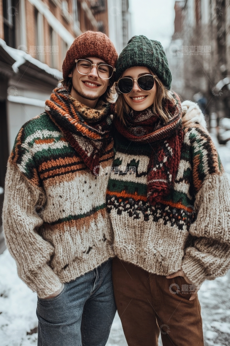 高清大图下载【趣麦麦图】冬日街头的温暖情侣