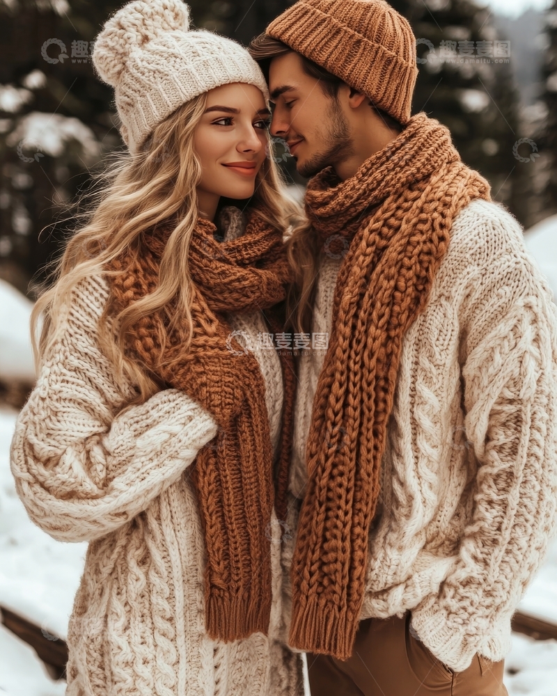 高清大图下载【趣麦麦图】冬日雪景中的情侣温馨时刻