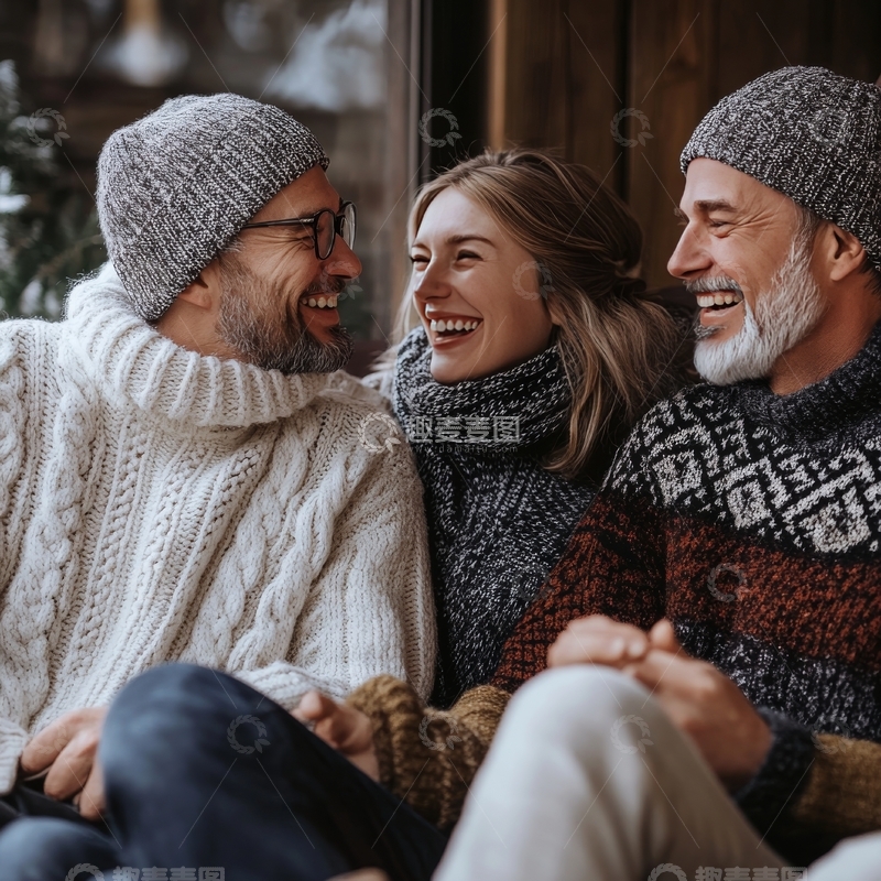 三人室内温馨相聚，共度欢乐时光