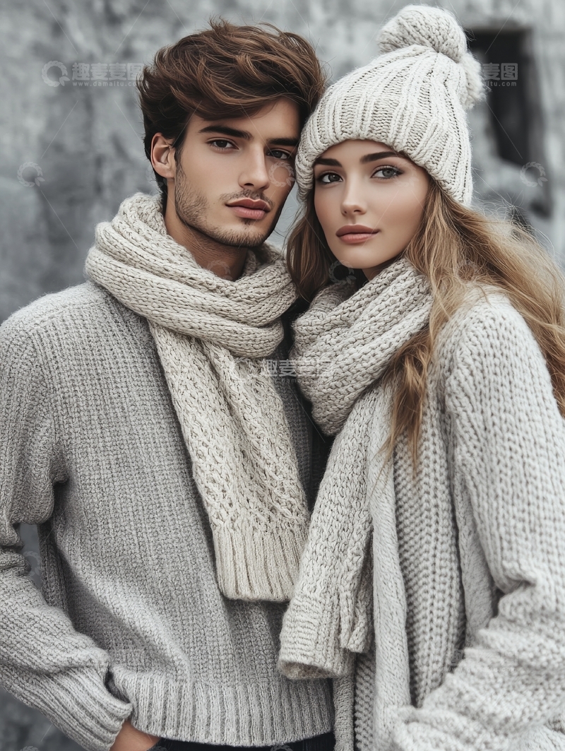 高清大图下载【趣麦麦图】情侣穿着针织毛衣和围巾