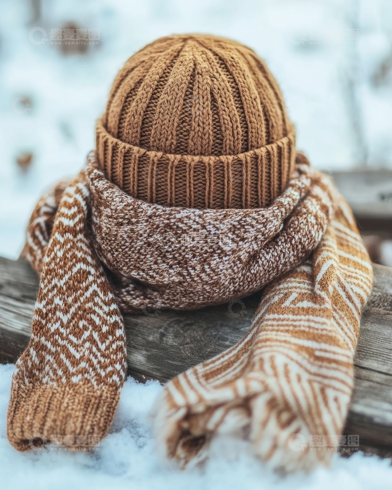 高清大图下载【趣麦麦图】冬季针织帽与围巾置于雪地木凳上