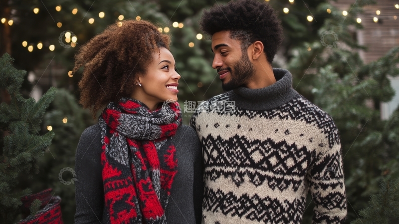 高清大图下载【趣麦麦图】冬日树丛旁的温馨情侣