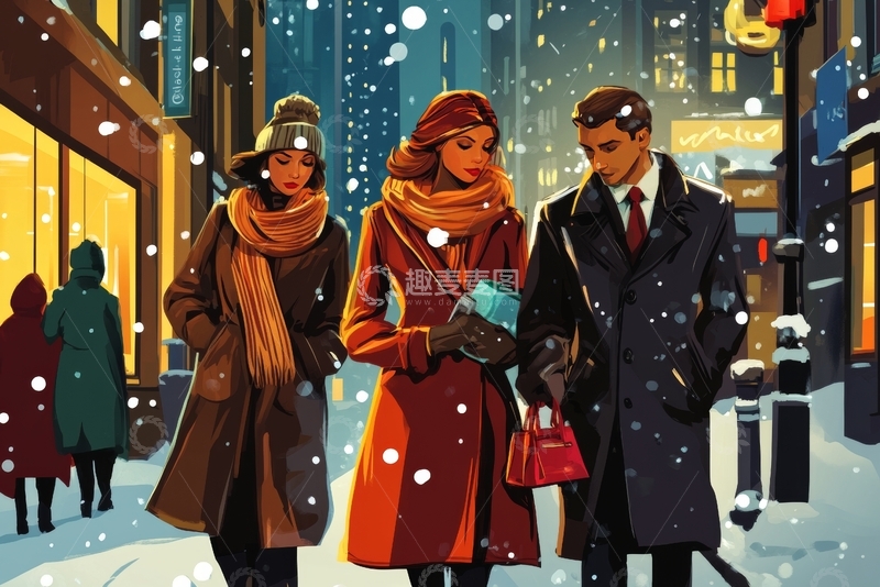 高清大图下载【趣麦麦图】冬夜街头三人行